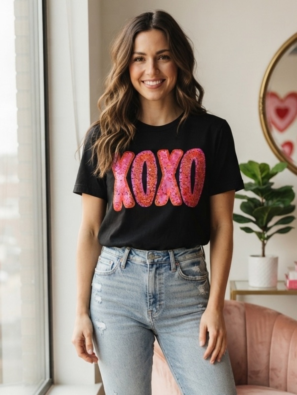 Gildan Black Short-Sleeve Tee with Pink Sequin XOXO Graphic